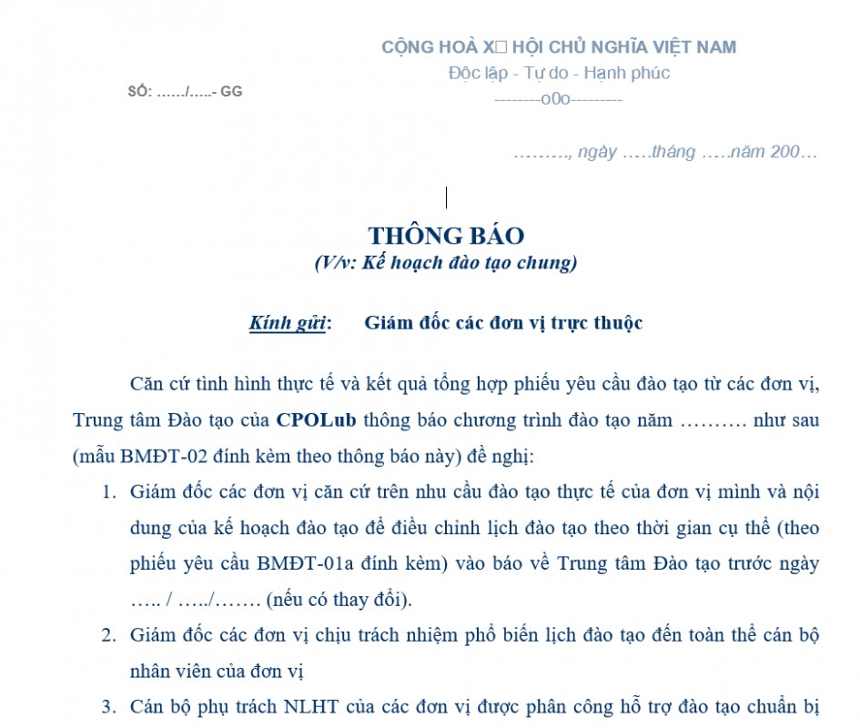 Quy trình bán hàng - Mẫu thông báo kê hoạch đào tạo