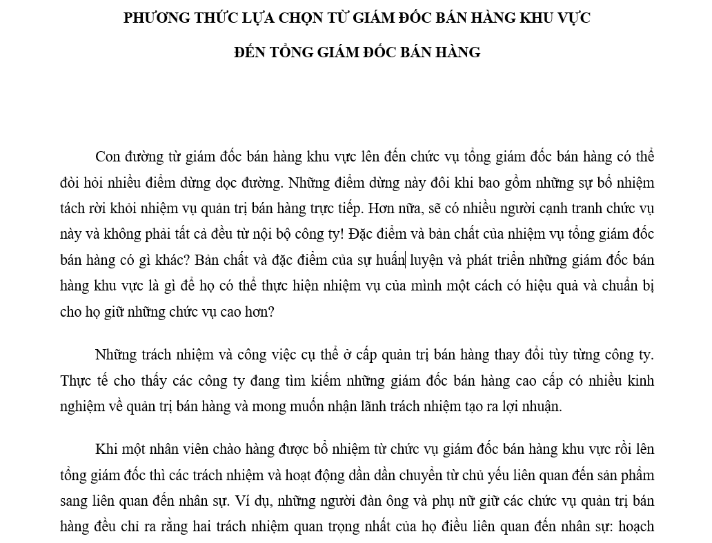 Quy trình bán hàng - Phương thức lựa chọn từ giám đốc bán hàng khu vực đến tổng giám đốc bán hàng