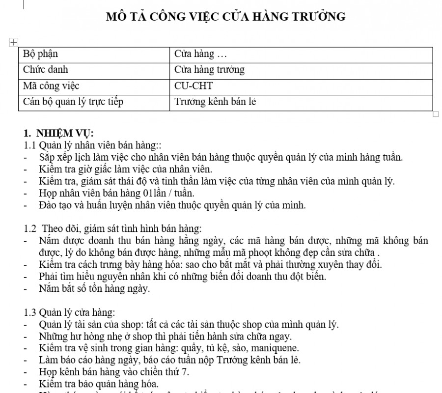 Quy trình bán hàng - Mô tả công việc  cửa hàng trưởng
