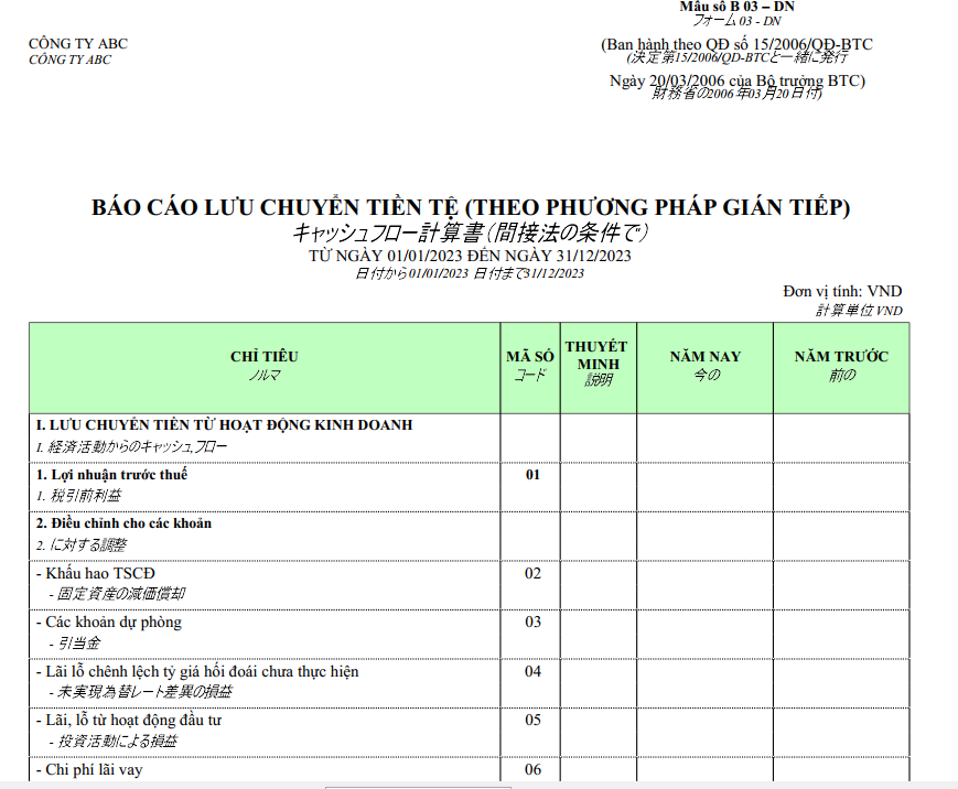Mẫu báo cáo lưu chuyển tiền tệ theo PP gián tiếp ( SONG NGỮ - TIẾNG NHẬT )