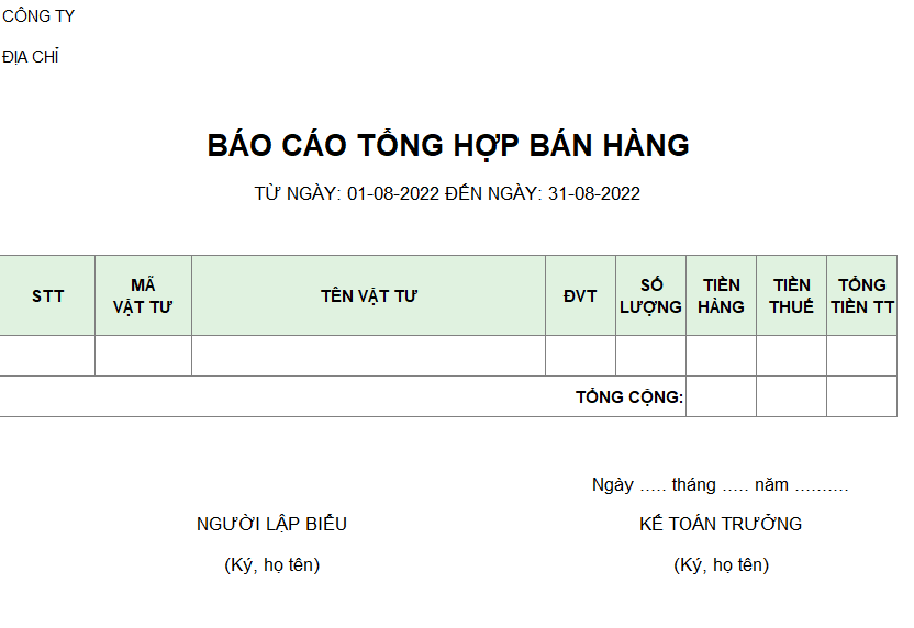 Mẫu báo cáo tổng hợp bán hàng ( không giá vốn, không chiết khấu )