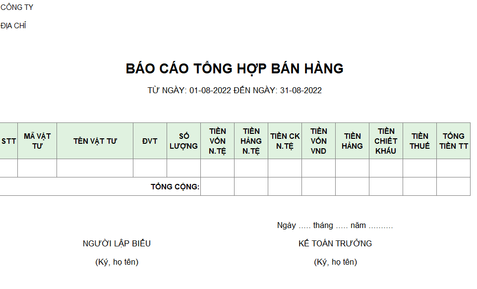 Mẫu báo cáo tổng hợp bán hàng ( có giá vốn , có chiết khấu) ( NGOẠI TỆ )