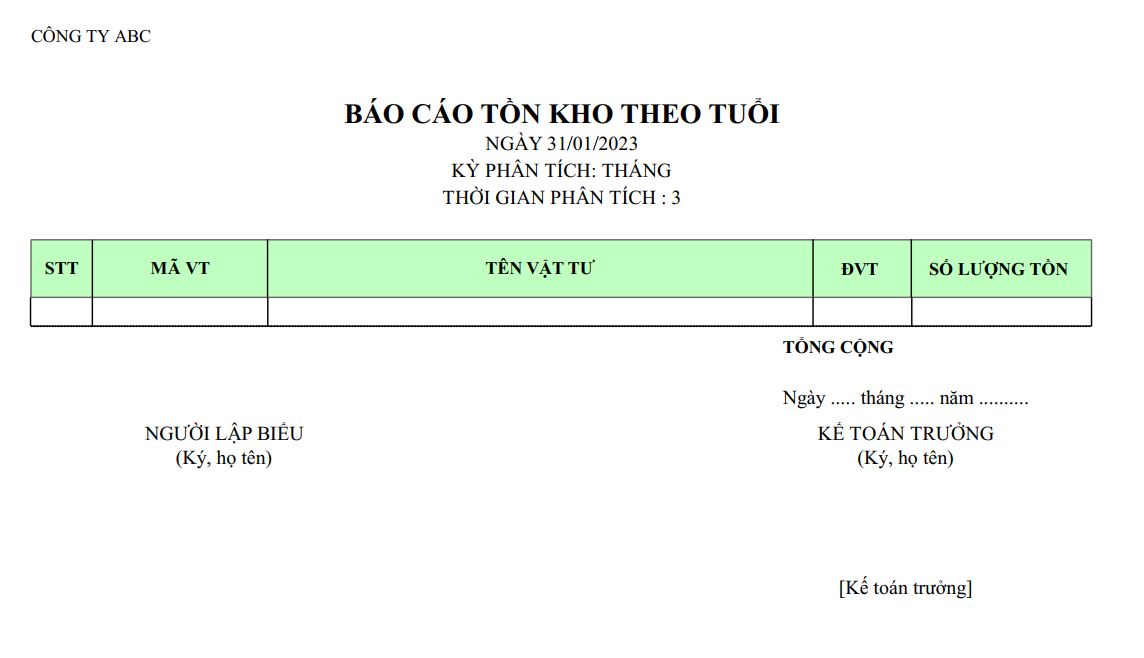 Mẫu báo cáo tồn kho theo tuổi