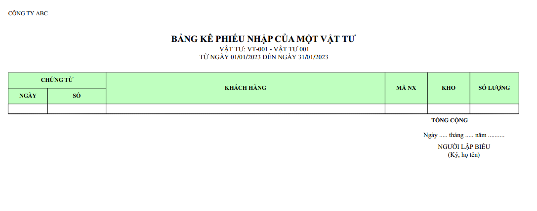 Mẫu bảng kê phiếu nhập của một vật tư