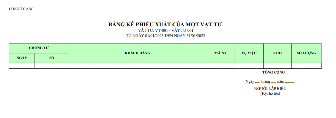 Mẫu bảng kê phiếu xuất của một vật tư