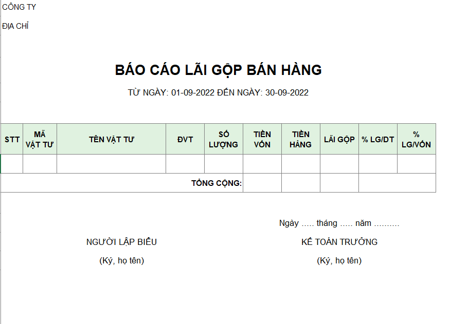 Báo cáo lãi gộp bán hàng ( Không chiết khấu )