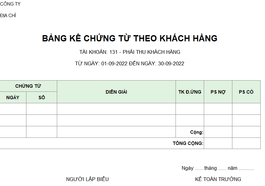 Bảng kê chứng từ theo khách hàng
