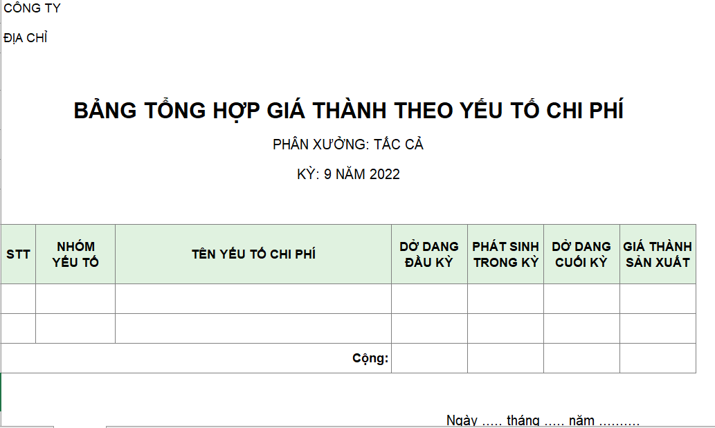 Mẫu bảng tổng hợp giá thành theo yếu tố chi phí