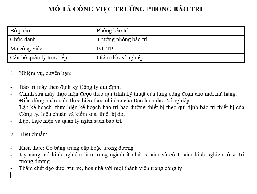 Bảng mô tả công việc của trưởng phòng bảo trì