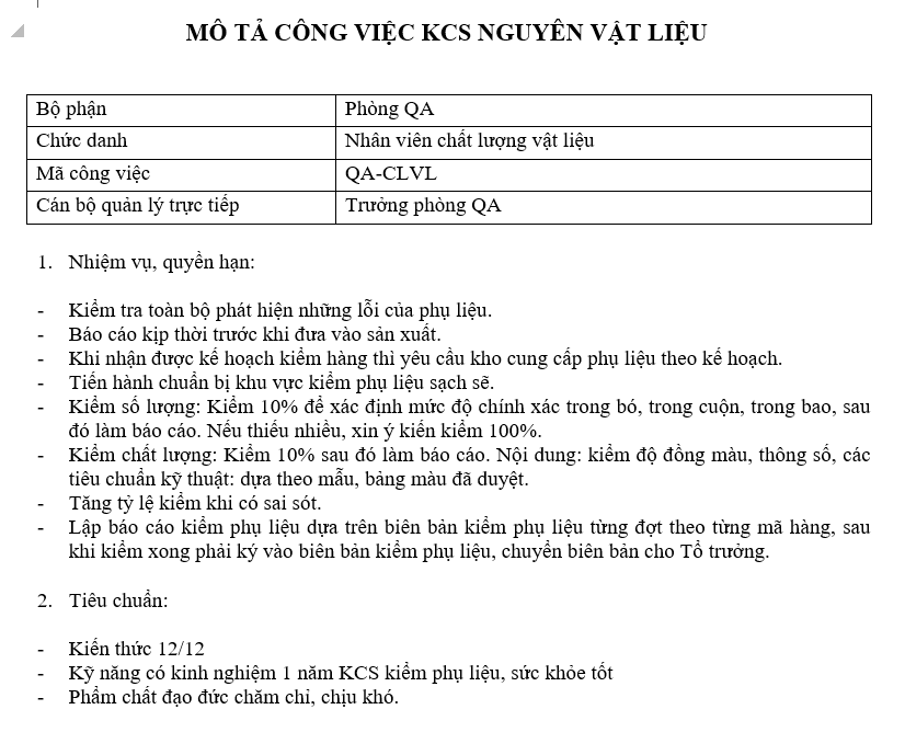 Bảng mô tả công việc của nhân viên KCS nguyên vật liệu