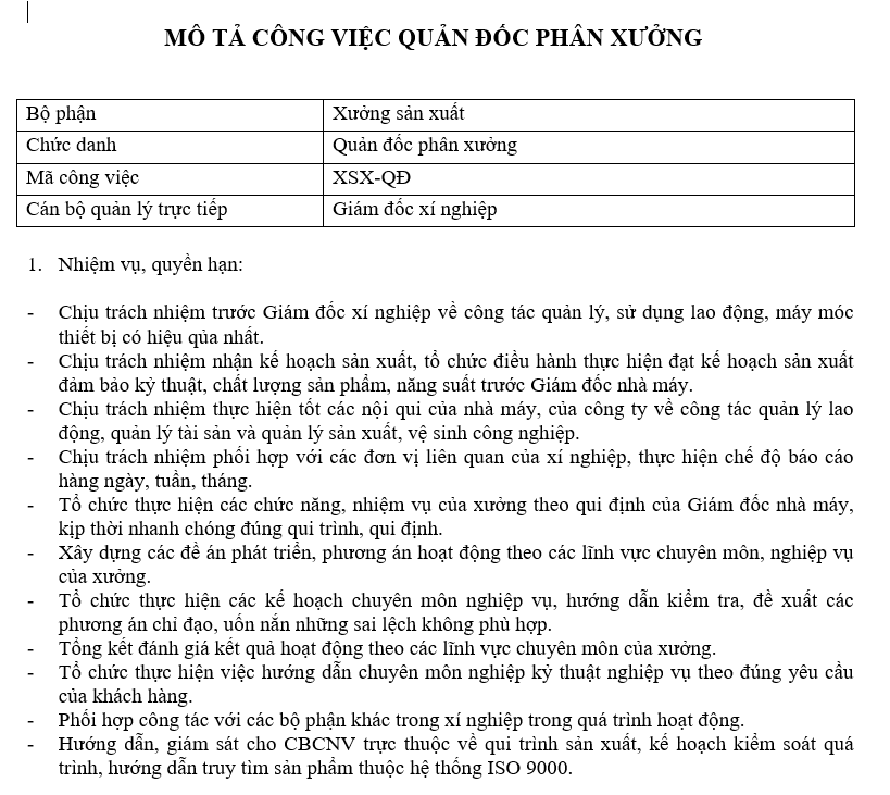 Bảng mô tả công việc của quản đốc phân xưởng