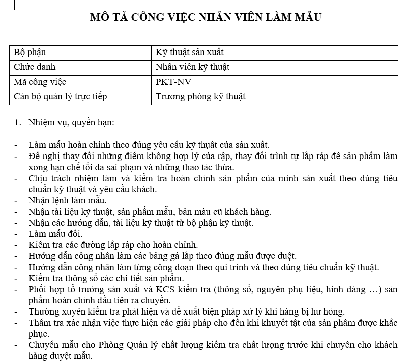Bảng mô tả công việc của nhân viên làm mẫu
