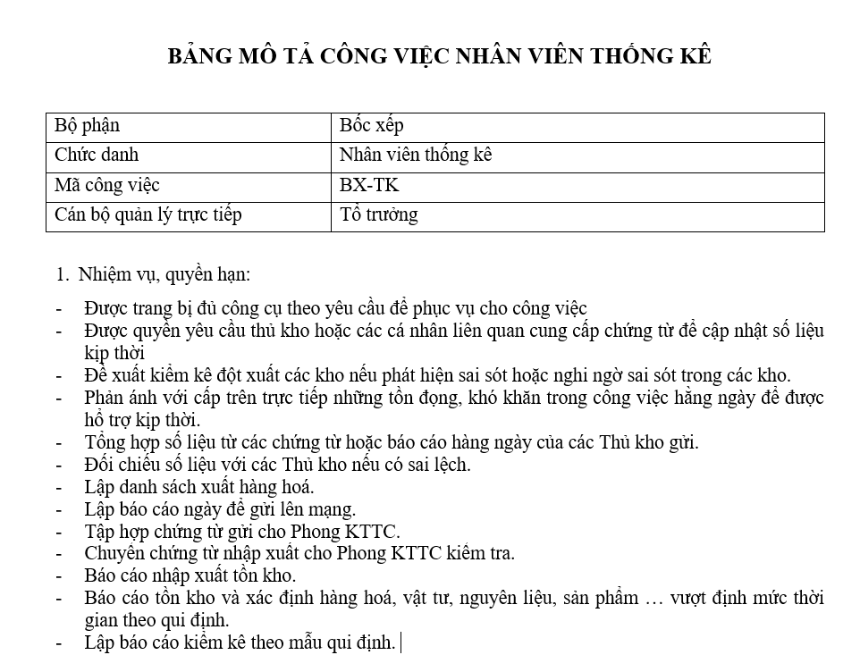 Bảng mô tả công việc của nhân viên thống kê