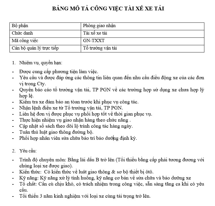 Bảng mô tả công việc của tài xế xe tải