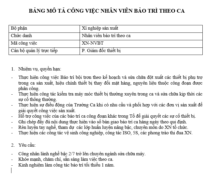 Bảng mô tả công việc của nhân viên bảo trì theo ca