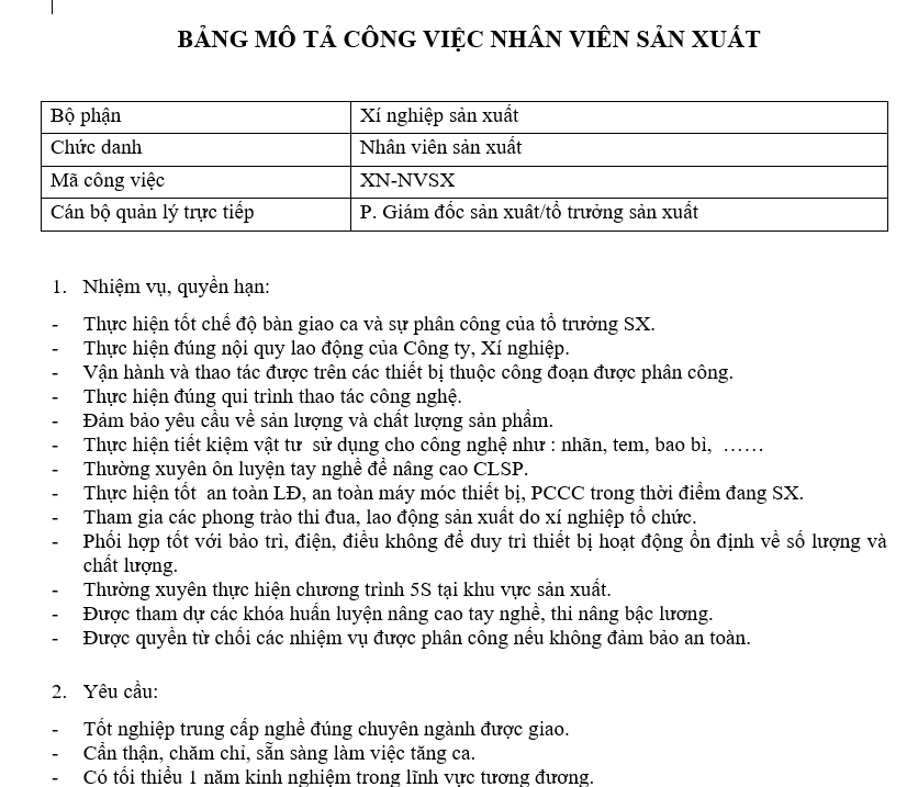 Bảng mô tả công việc của nhân viên sản xuất