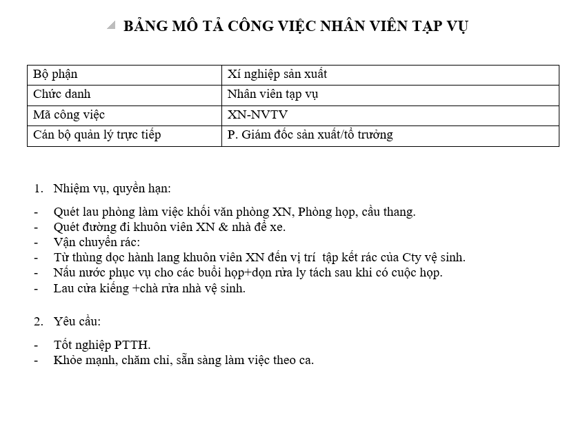 Bảng mô tả công việc của nhân viên tạp vụ