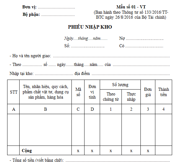 Mẫu số 01 - VT: Mẫu phiếu nhập kho