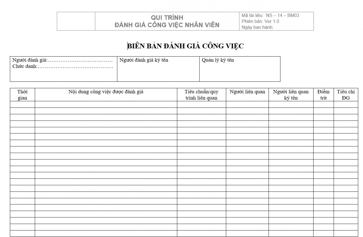 Quy trình bán hàng - Biên bản đánh giá công việc