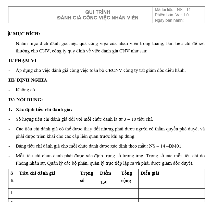 Quy trình bán hàng - Quy trình đánh giá công việc nhân viên