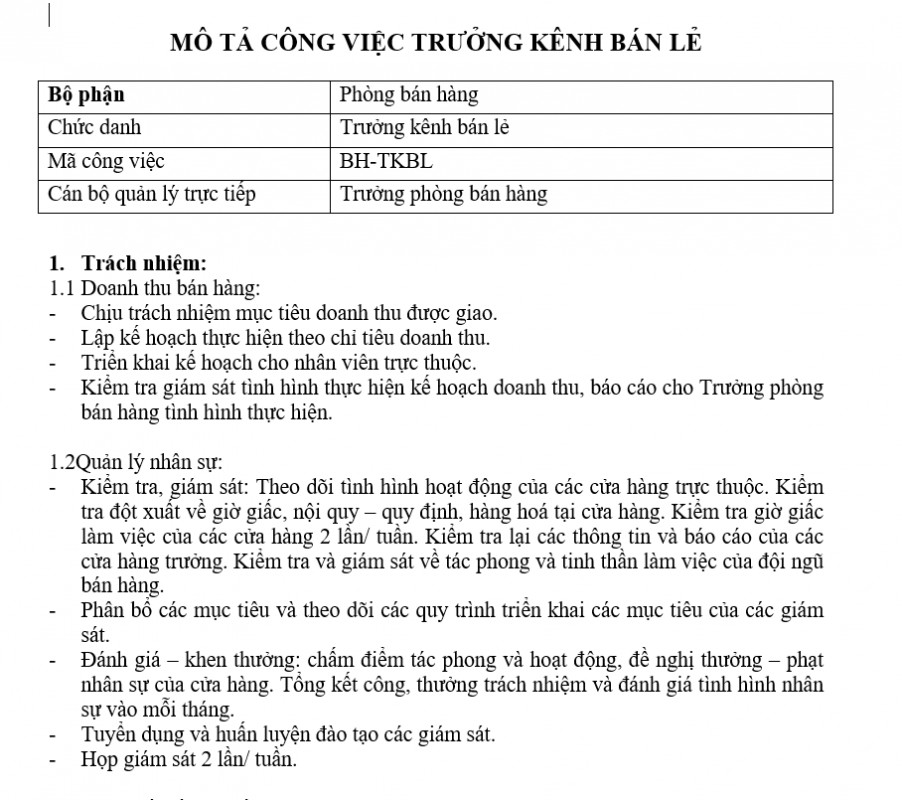 Quy trình bán hàng - Mô tả công việc của trưởng kênh bán lẻ