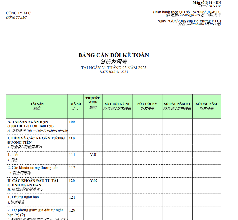 Mẫu bảng cân đối kế toán ngoại tệ ( SONG NGỮ - TIẾNG NHẬT )
