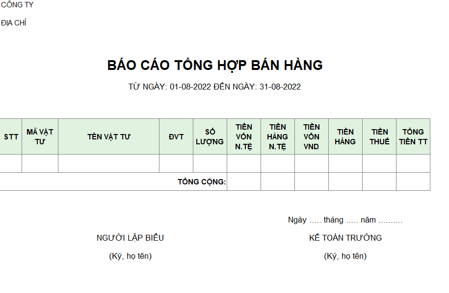 Mẫu báo cáo tổng hợp bán hàng ( có giá vốn ) ( NGOẠI TỆ )