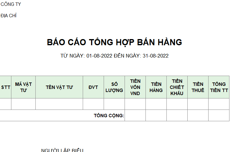 Mẫu báo cáo tổng hợp bán hàng ( có giá vốn, có chiết khấu )