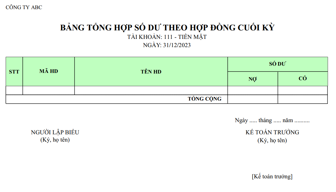 Mẫu bảng tổng hợp số dư theo hợp đồng cuối kỳ