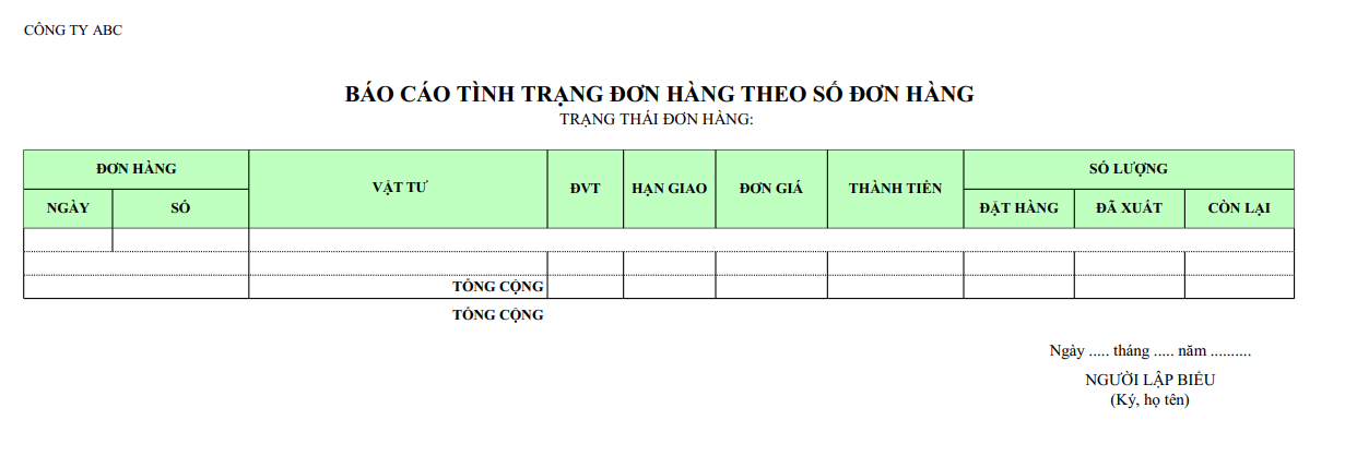Mẫu báo cáo tình trạng đơn hàng theo số đơn hàng