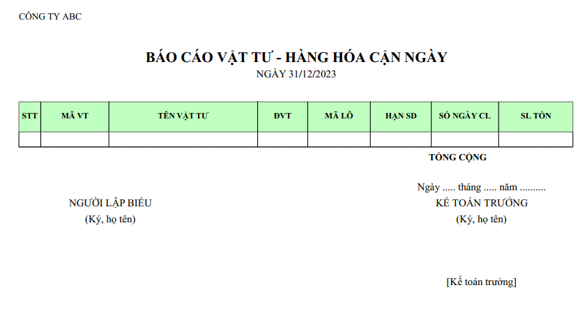 Mẫu báo cáo vật tư - hàng hoá cận ngày