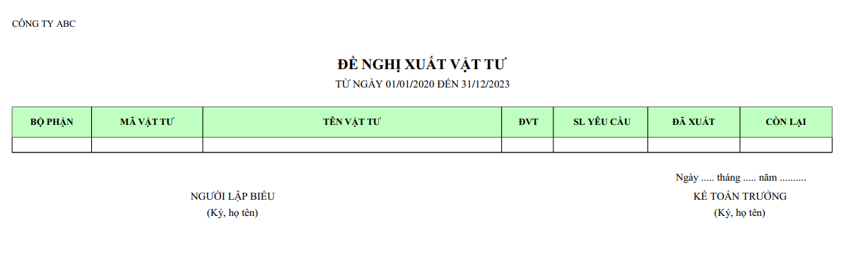 Mẫu đề nghị xuất vật tư theo bộ phận