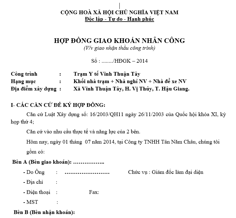 Mẫu hợp đồng giao khoán công nhân
