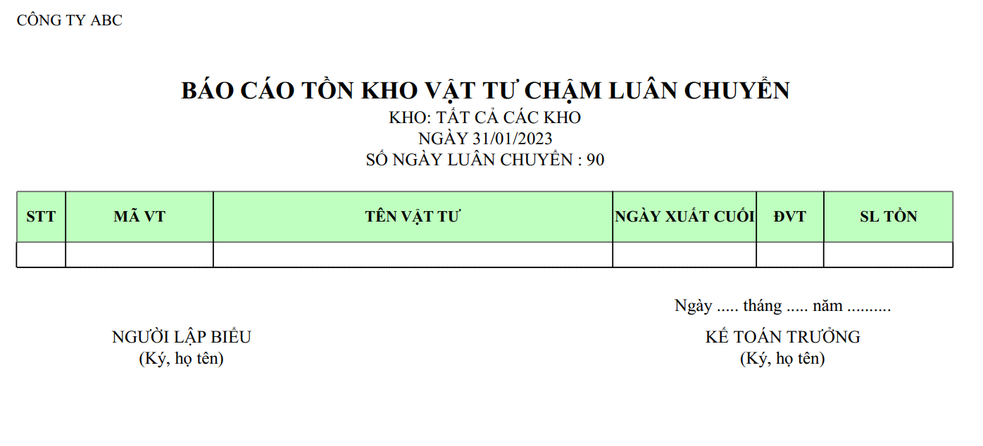 Mẫu báo cáo tồn kho vật tư chậm luân chuyển