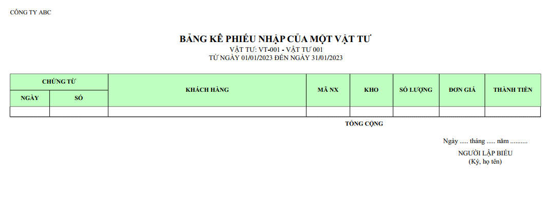 Mẫu bảng kê phiếu nhập của một vật tư ( Số lượng và giá trị )
