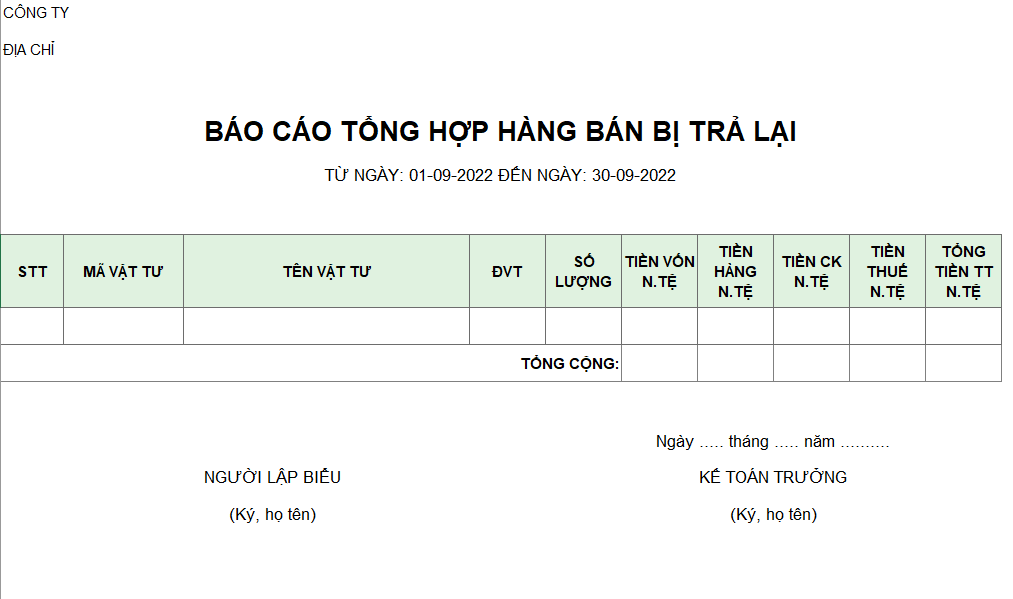 Mẫu báo cáo tổng hợp hàng bán bị trả lại ( có giá vốn, có chiết khấu ) ( NGOẠI TỆ )