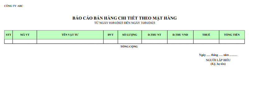 Mẫu báo cáo bán hàng chi tiết theo mặt hàng