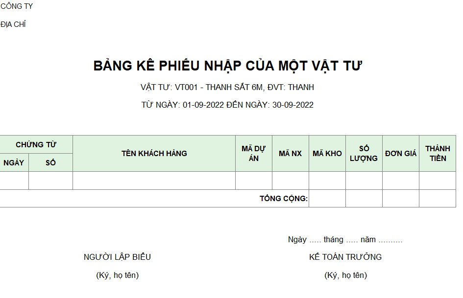 Bảng kê phiếu nhập của một vật tư