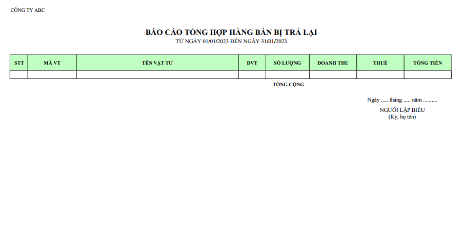 Mẫu báo cáo tổng hợp hàng bán bị trả lại ( Có số lượng và giá trị )