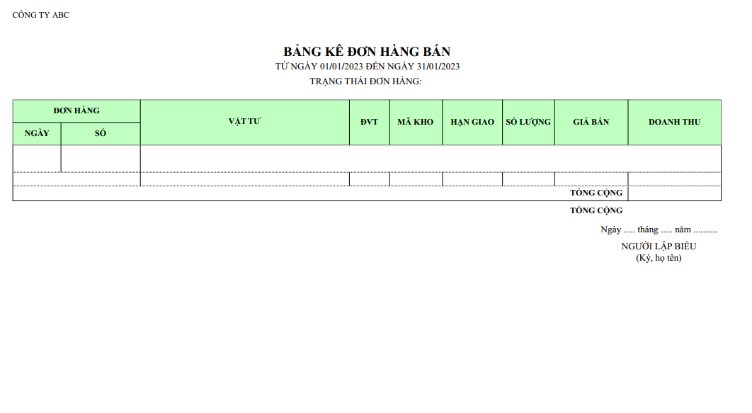 Mẫu bảng kê đơn hàng bán