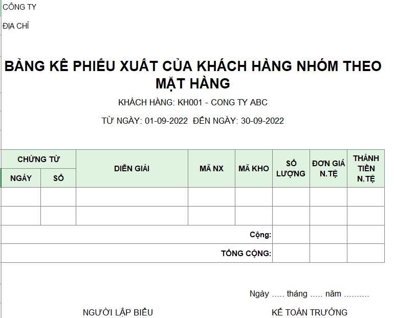 Bảng kê phiếu xuất của một khách hàng nhóm theo mặt hàng ( NGOẠI TỆ )