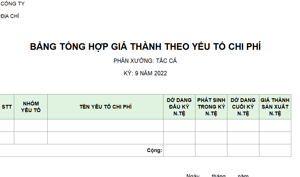 Mẫu bảng tổng hợp giá thành theo yếu tố chi phí ( NGOẠI TỆ )