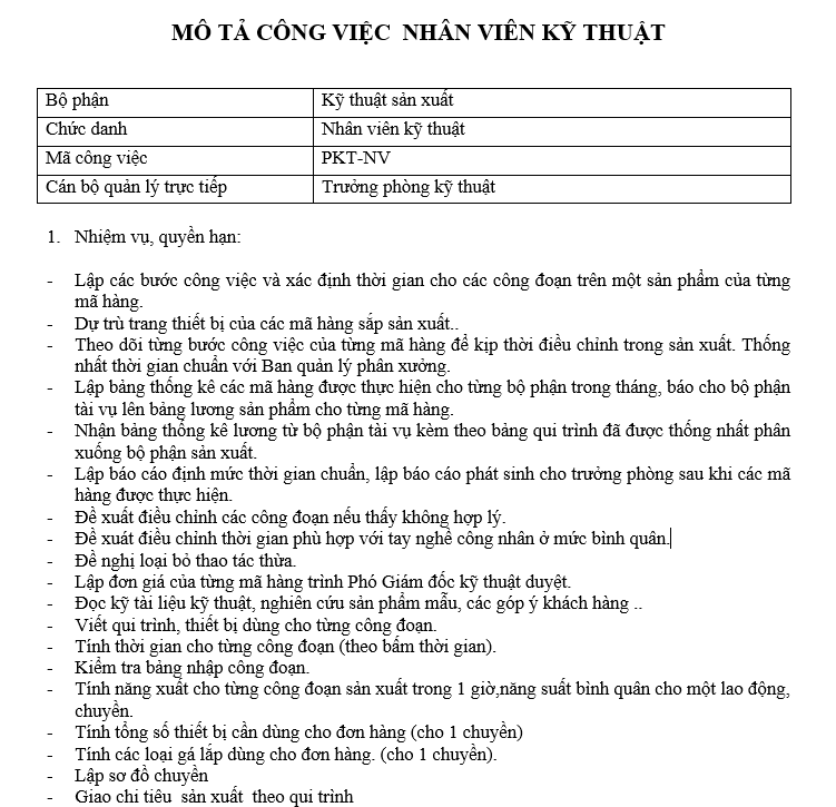 Bảng mô tả công việc của nhân viên kỹ thuật