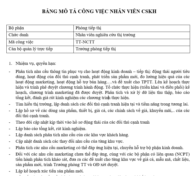 Bảng mô tả công việc của nhân viên nghiên cứu thị trường