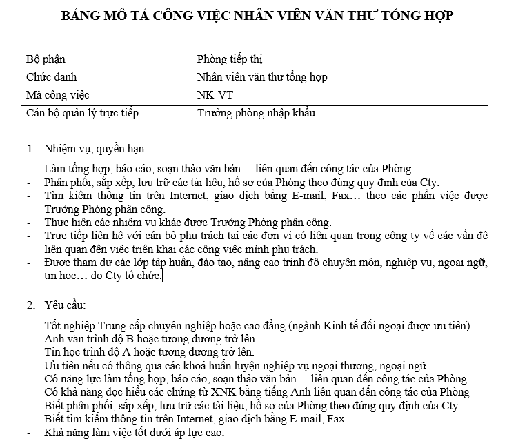 Bảng mô tả công việc của nhân viên văn thư tổng hợp