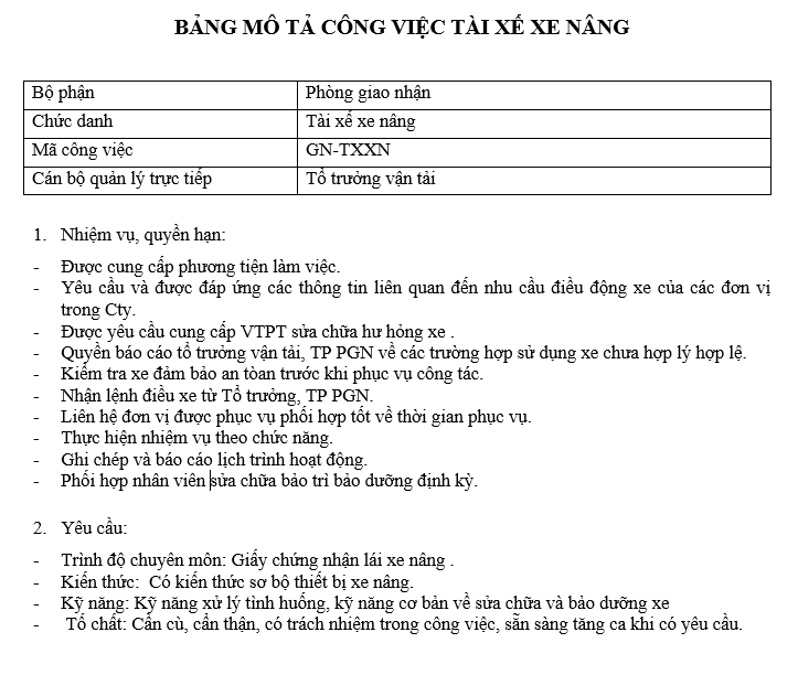 Bảng mô tả công việc của tài xế xe nâng