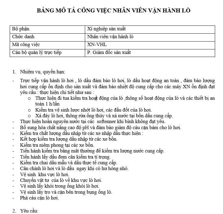 Bảng mô tả công việc của nhân viên vân hành lò