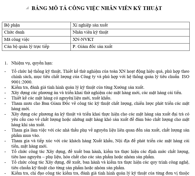 Bảng mô tả công việc của nhân viên KT