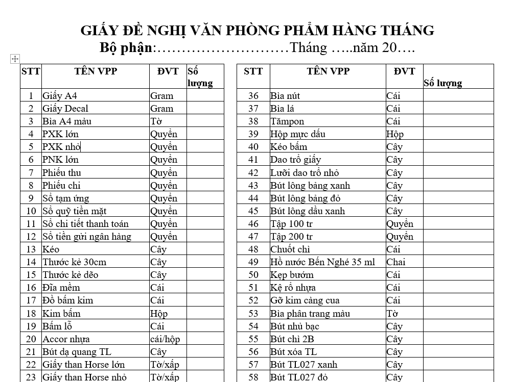 Quy trình quản lý văn phòng phẩm - Giấy đề nghị VPP hàng tháng
