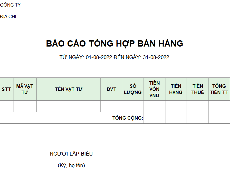 Mẫu báo cáo tổng hợp bán hàng ( có giá vốn )